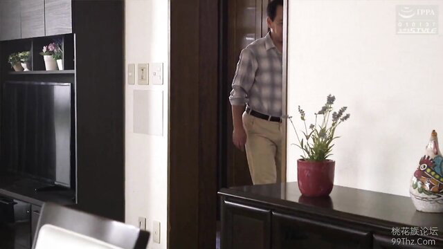 Mature Japanese man in checkered shirt enters room in JAV scene
