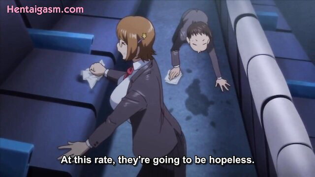 Busty anime teacher in suit cleans floor with student, hopeless JAV scene