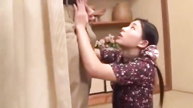 Japanese teen kneels sucking cock in wife swap JAV scene