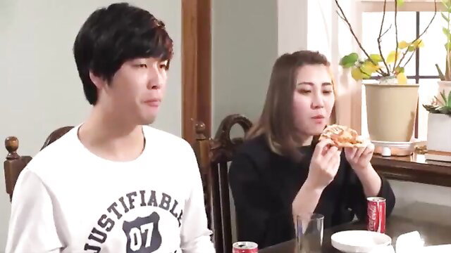 Hitomi Nakagawa as friend's mom eating pizza with young guy, Korean milf tease
