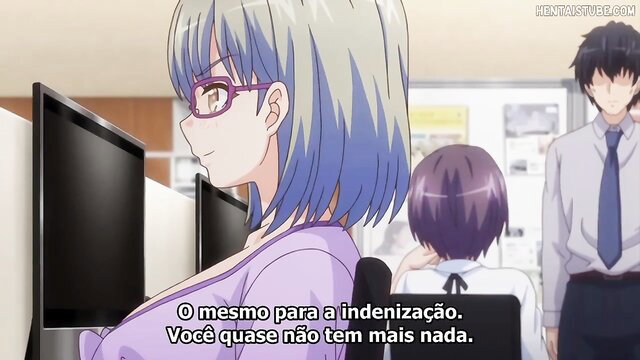 Blue-haired anime office lady in tight blouse, cleavage view