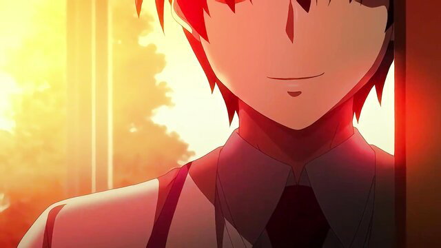 Anime boy in school uniform smiling in sunset light, hentai thumbnail