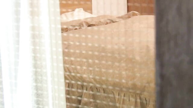 Yui Hatano in bed through sheer curtains, mature JAV housewife tease