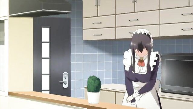 Anime maid in black dress poses shyly in kitchen, Ane Yome Quartet Ep.2