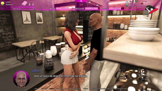 Hot brunette waitress in red top white skirt flirts with black man in Free Innocence game