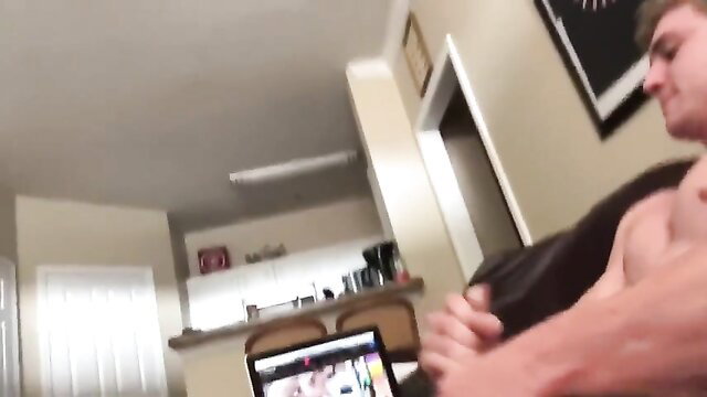 Cute str8 Nate shirtless watching straight porn stroking cock