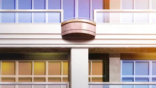 Colorful anime apartment balcony exterior in hentai style