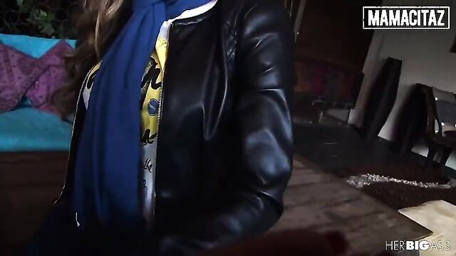 Busty Colombian Anastasia Rey in leather jacket and scarf