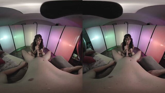 Asian glasses girl in neon VR POV handjob on guy's cock