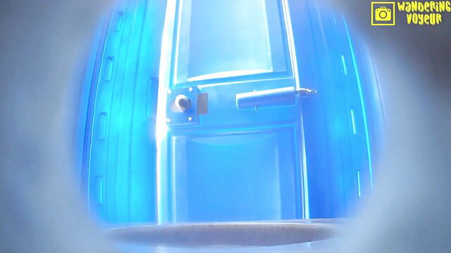 Blue porta potty door with lock, voyeur cam view, teasing extreme fetish