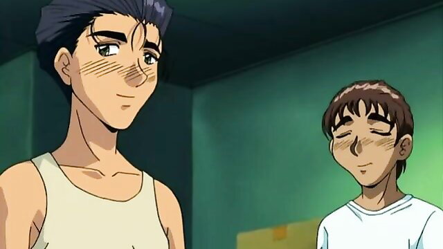 Anime hentai thumbnail: busty woman with short black hair and young boy in tank top