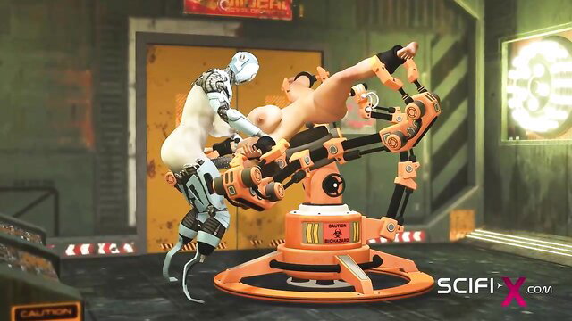 Sweaty lusty female robot fucks muscular man on scifi sex machine