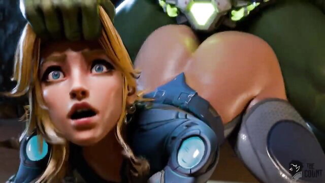 Blonde babe in tight suit grabbed by massive green Hulk hand on huge ass