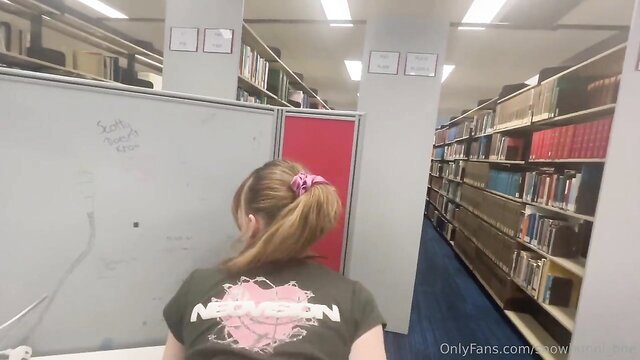 Snow Bunni in tight top at library, blonde ponytail OnlyFans tease