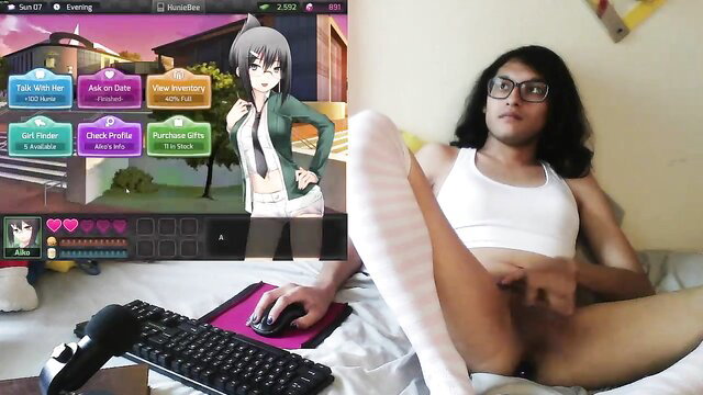 TransAnarchyGamming plays Hunniepop hentai, legs spread exposing cock