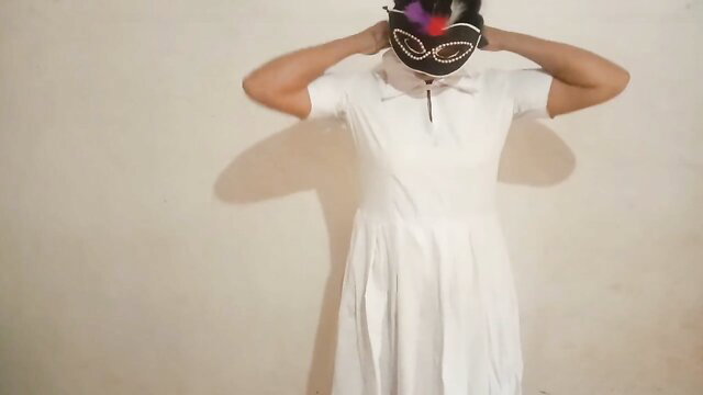Sri Lankan schoolgirl in sexy white uniform with masquerade mask, solo tease