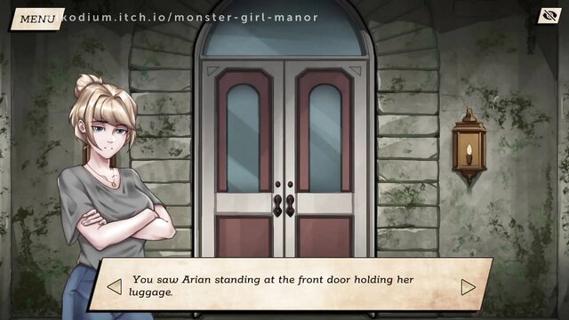 Blonde anime girl Arian at monster girl manor door with luggage