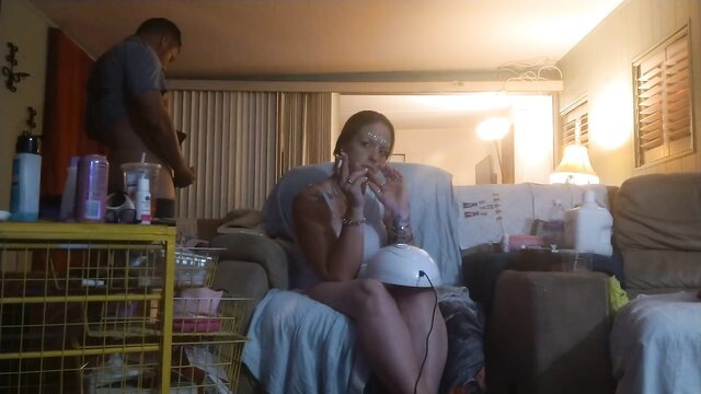 kinkycouple4ever girl in minidress paints nails under hair dryer, roommate masturbates