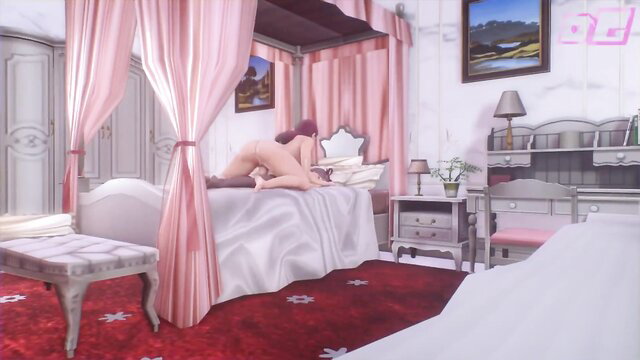 Nude woman with pink hair in doggy pose on bed, explicit rear view