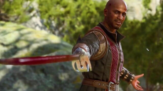 Bald muscular black warrior in leather armor wielding red sword in forest battle