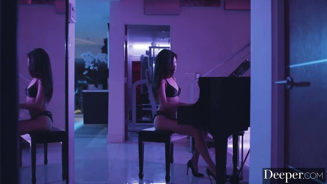 Vina Sky in sexy black lingerie playing piano solo