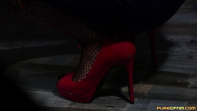 Candice Demellza fishnets red heels closeup CFNM tease
