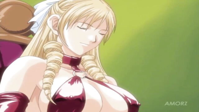 Blonde hentai girl with huge tits in skimpy red lingerie, eyes closed