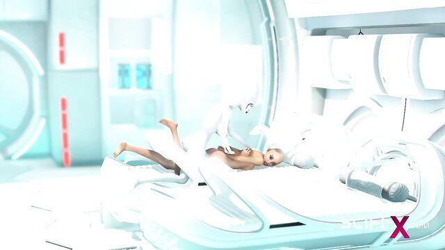 Nude blonde babe lying seductively on futuristic white bed in sci-fi studio