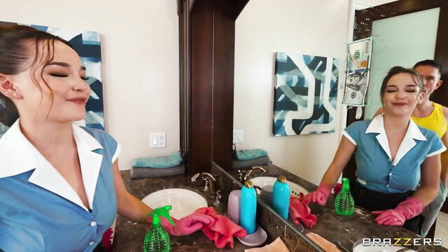 Big tits Asian maid in uniform cleaning mirror with man offering cash