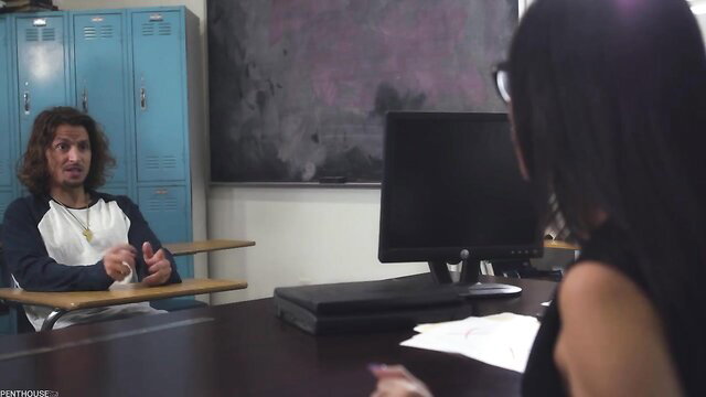 Lily Lane busty brunette teacher in glasses talks to student in office