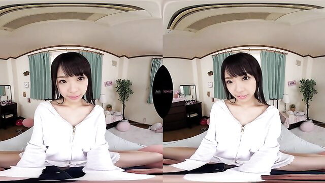 Japanese temptress in white zip hoodie does splits in VR POV bedroom tease