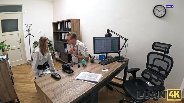 Funky Town in office with Loan4K man, white blouse sexy belt