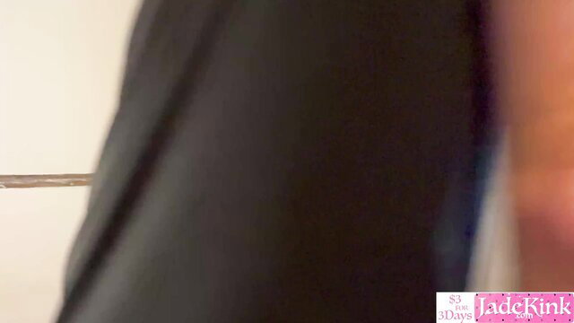 BDSM bound cumslut peeing in bucket, closeup wet pussy drip