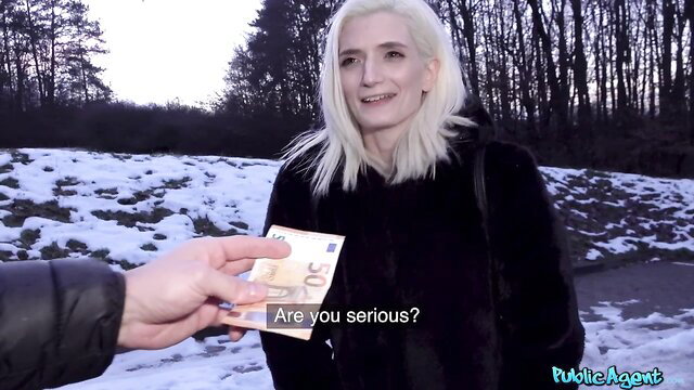 Blonde MILF in black coat takes cash offer outdoors snow, Max Dior