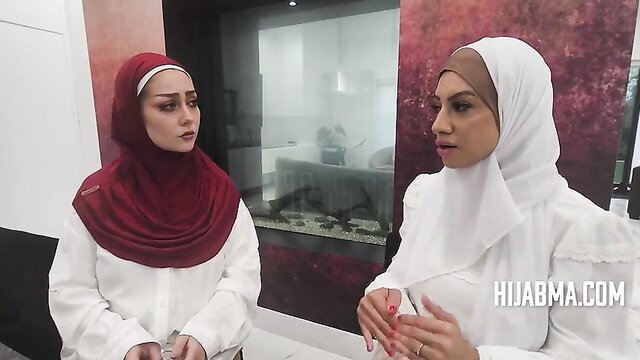Two jealous hijab MILFs in red and white headscarves chatting intimately