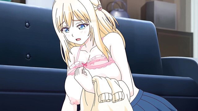 Blonde anime girl in pink lingerie on couch, big tits tease