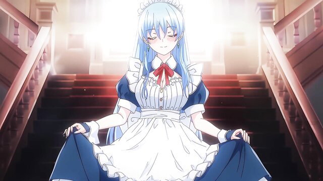Blue-haired anime maid Reika spreads skirt teasingly in luxurious hall