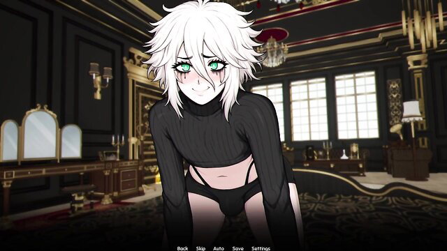 Seductive white-haired femboy in tight black turtleneck crop top, haunted VN tease