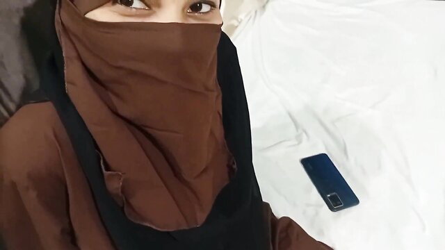 Hot Muslim hijab girl eyes teasing on couch, insatiable step-sis vibe