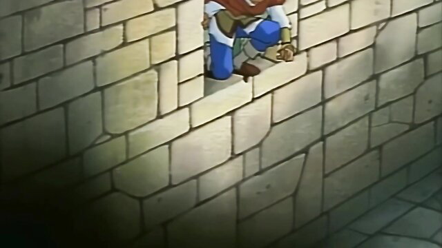 Anime hentai girl in red cape and blue leggings kneeling on stone wall, Words Worth Ep.1