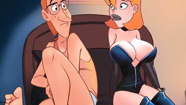 Cartoon wife in latex corset teases topless hubby on couch - Naughty Home animation