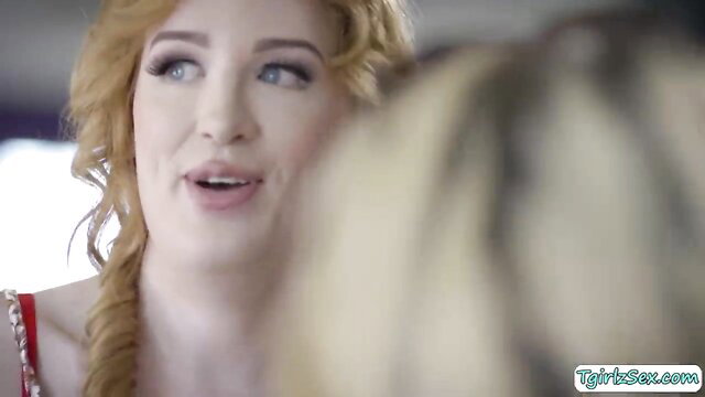 Redhead busty babe with blonde in red dress from sexy transsexual pussy fuck