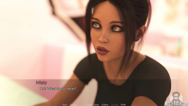 Misty closeup asking 'What do you mean?' in Eruption Imminent visual novel