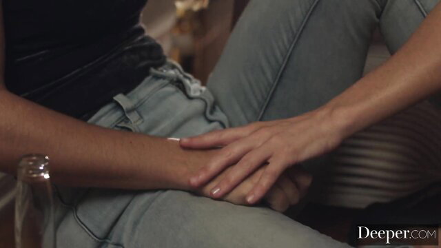 Kayden Kross holds Ryan Ryans hand in intimate lesbian foreplay