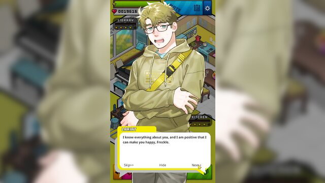 Blonde anime twink in hoodie smiles confidently in Ero Condo game