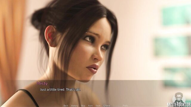 Asian beauty Misty tired pout in black lingerie visual novel
