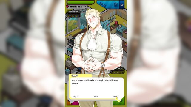 Muscular blond man in tight white shirt and suspenders from Ero Condo game