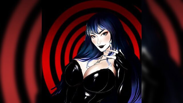 Hypnotic goth beauty in latex corset with swirling red eyes JOI hypno