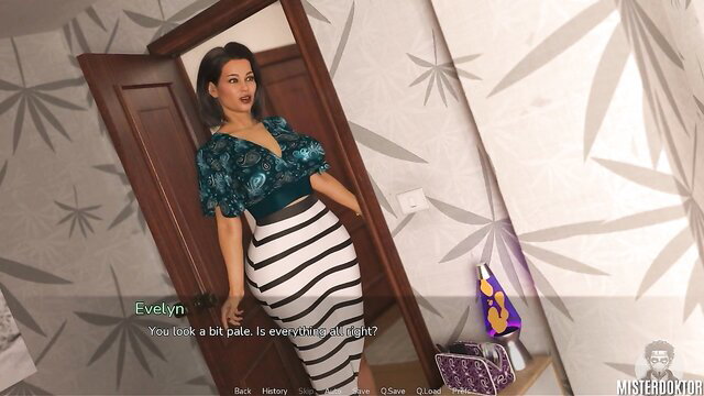 Evelyn in tight striped skirt and blouse, curvy latina looks pale