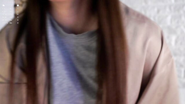 maidabuoy shy 18yo cute brunette in gray tee and beige jacket closeup